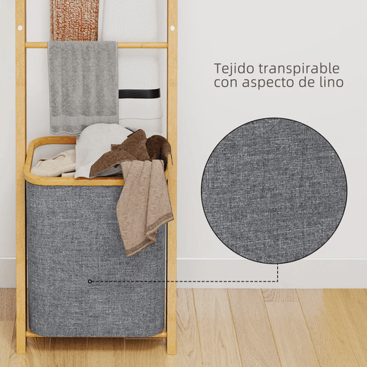 HOMCOM Estante para Casa de Banho de Bambu Toalheiro de Pé com 3 Barras e Cesto para Roupa Suja Removível de 48 L para Quarto Lavandaria 43x35x133 cm Cinzento