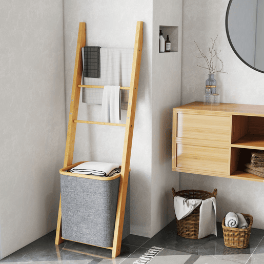 HOMCOM Estante para Casa de Banho de Bambu Toalheiro de Pé com 3 Barras e Cesto para Roupa Suja Removível de 48 L para Quarto Lavandaria 43x35x133 cm Cinzento