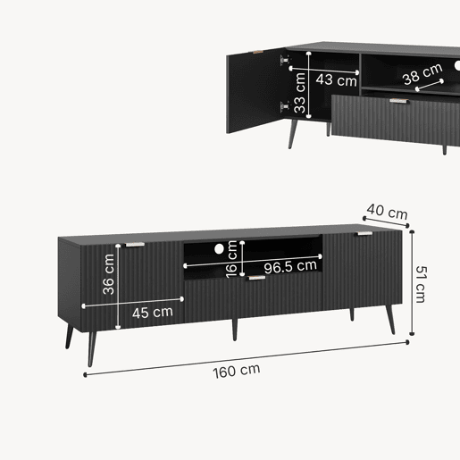 Mesa TV Nand com gaveta e 2 portas 160x40x51 cm preto en.casa