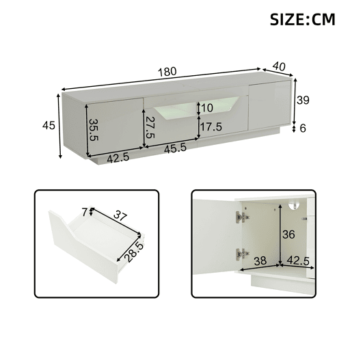 Móvel de TV 180 cm de painel de partículas com 2 portas,2 gavetas e luz led,branco