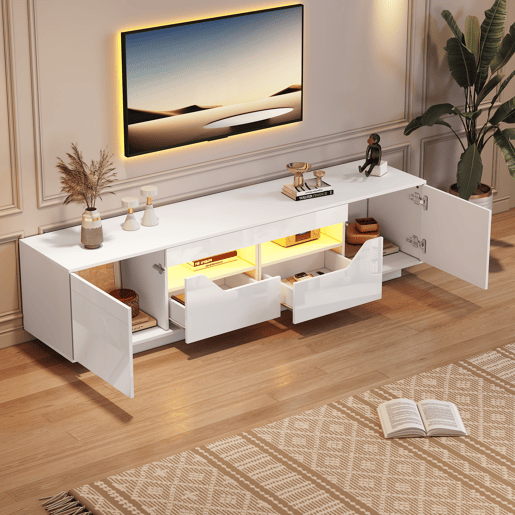 Móvel de TV 180 cm de painel de partículas com 2 portas,2 gavetas e luz led,branco