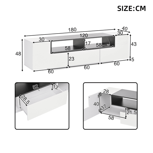 Móvel de TV 180 cm de painel de partículas com 2 portas,1 gaveta e luz led,branco