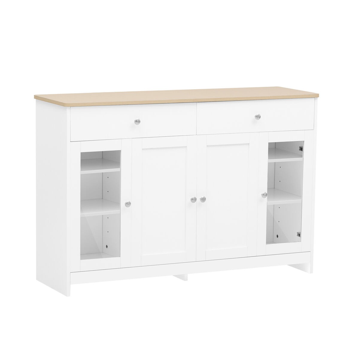 Aparador de madera blanco con encimera color roble claro, diseño moderno con 2 cajones y 4 puertas de almacenamiento, ideal para comedor, salón o