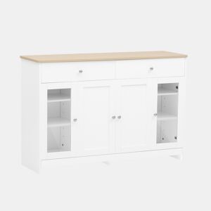 Aparador De Madeira Branco Com Tampo Cor Carvalho Claro, Design Moderno Com 2 Gavetas E 4 Portas De Arrumação, Ideal Para Sala De Jantar, Sala De Estar Ou Hall De Entrada, Amplo Espaço Para Guardar Loiça E Decoração