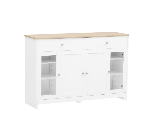 Aparador de madera blanco con encimera color roble claro, diseño moderno con 2 cajones y 4 puertas de almacenamiento, ideal para comedor, salón o