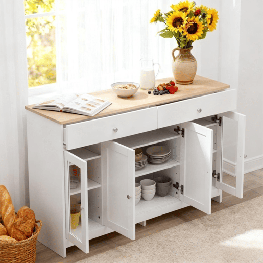 Aparador De Madeira Branco Com Tampo Cor Carvalho Claro, Design Moderno Com 2 Gavetas E 4 Portas De Arrumação, Ideal Para Sala De Jantar, Sala De Estar Ou Hall De Entrada, Amplo Espaço Para Guardar Loiça E Decoração
