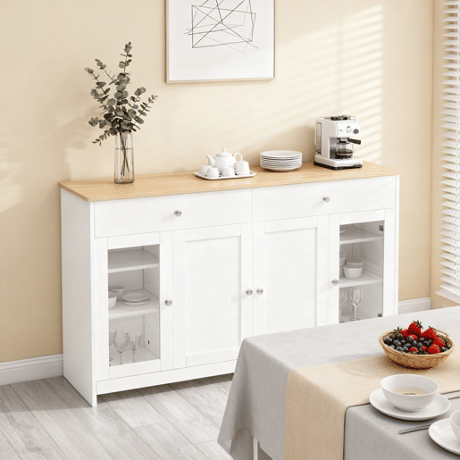 Aparador De Madeira Branco Com Tampo Cor Carvalho Claro, Design Moderno Com 2 Gavetas E 4 Portas De Arrumação, Ideal Para Sala De Jantar, Sala De Estar Ou Hall De Entrada, Amplo Espaço Para Guardar Loiça E Decoração