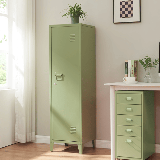 Cacifo individual Kurikka com 2 prateleiras metal 137x38x38 cm Verde oliva en.casa