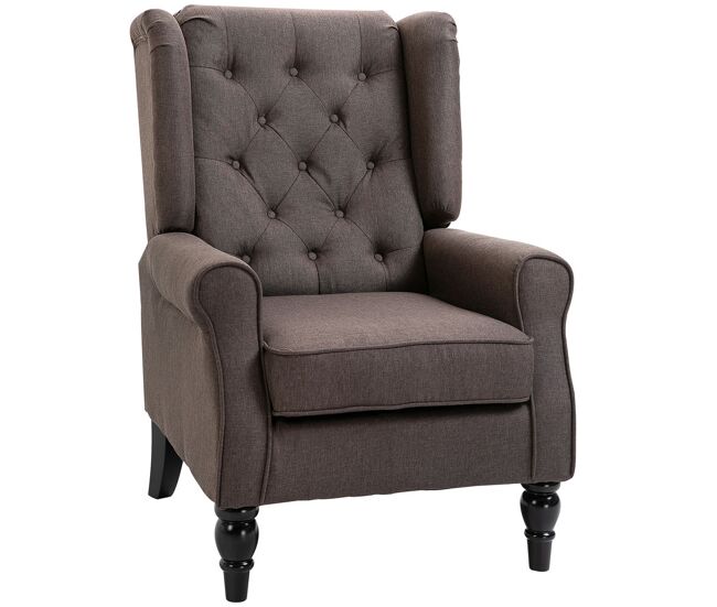Homcom sillón orejero moderno, butaca de salón con reposabrazos y patas de madera, sofá individual carga 160 kg para oficina, sala de estar y dormitorio, marrón