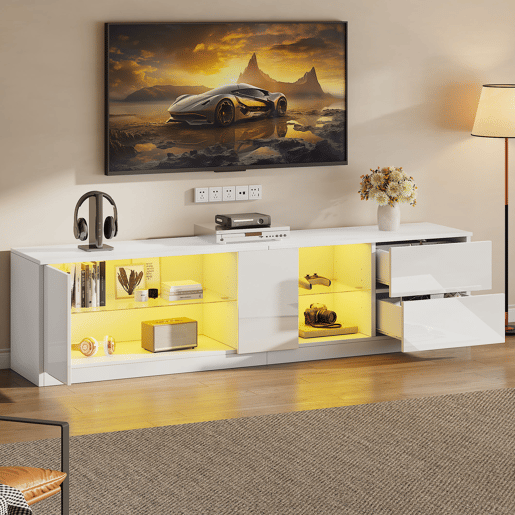 Móvel de TV 160 cm de mdf com 1 porta,2 gavetas e luz led,branco