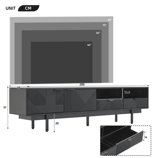 Móvel de TV 200 cm de painel de partículas com 2 portas e 2 gavetas,preto