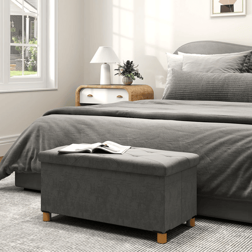 HOMCOM Banco de Armazenamento Dobrável Puff de Armazenamento Capacidade de 67 L Estofado em Veludo Baú de Armazenamento Quarto Carga 120 kg para Sala de Estar Entrada 76x38x38 cm Cinza