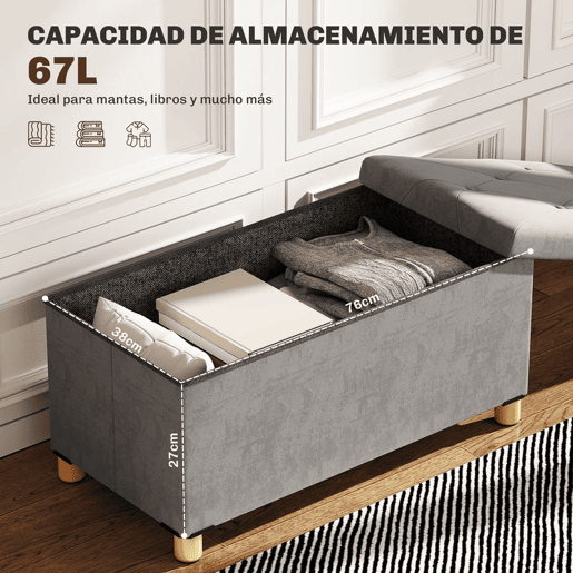 HOMCOM Banco de Armazenamento Dobrável Puff de Armazenamento Capacidade de 67 L Estofado em Veludo Baú de Armazenamento Quarto Carga 120 kg para Sala de Estar Entrada 76x38x38 cm Cinza