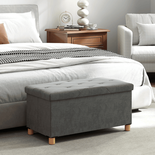 HOMCOM Banco de Armazenamento Dobrável Puff de Armazenamento Capacidade de 67 L Estofado em Veludo Baú de Armazenamento Quarto Carga 120 kg para Sala de Estar Entrada 76x38x38 cm Cinza