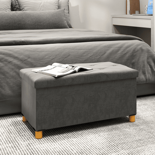 HOMCOM Banco de Armazenamento Dobrável Puff de Armazenamento Capacidade de 67 L Estofado em Veludo Baú de Armazenamento Quarto Carga 120 kg para Sala de Estar Entrada 76x38x38 cm Cinza