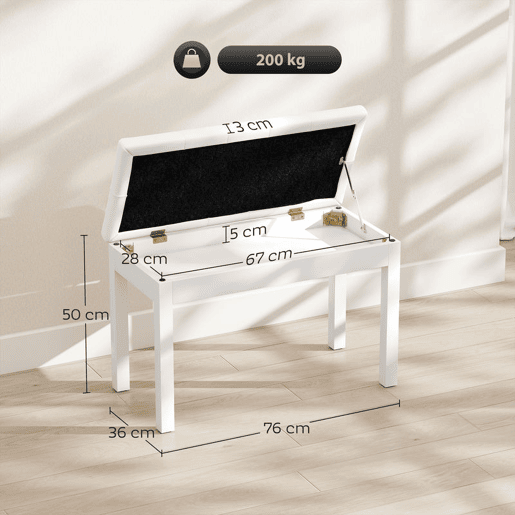HOMCOM Banco de Piano Banco para Piano com Espaço de Armazenamento Assento de Couro Sintético Acolchoado Carga Máxima 200 kg 76x36x50 cm Branco