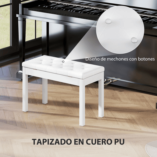 HOMCOM Banco de Piano Banco para Piano com Espaço de Armazenamento Assento de Couro Sintético Acolchoado Carga Máxima 200 kg 76x36x50 cm Branco