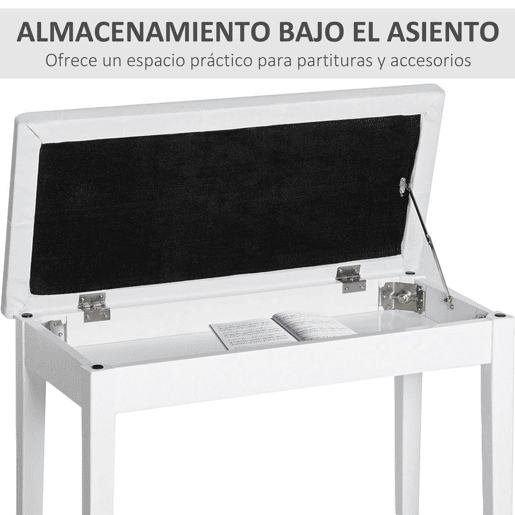 HOMCOM Banco de Piano Banco para Piano com Espaço de Armazenamento Assento de Couro Sintético Acolchoado Carga Máxima 200 kg 76x36x50 cm Branco