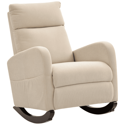HOMCOM Cadeira de Baloiço de Veludo com Encosto Alto Pés de Madeira de Seringueira Bolsos Apoios de Braços Estilo Moderno Cadeira de Amamentação Capacidade 120 kg 67x94x105 cm Bege