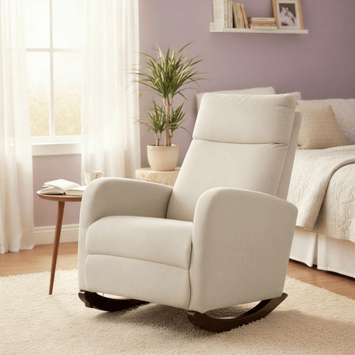 HOMCOM Cadeira de Baloiço de Veludo com Encosto Alto Pés de Madeira de Seringueira Bolsos Apoios de Braços Estilo Moderno Cadeira de Amamentação Capacidade 120 kg 67x94x105 cm Bege