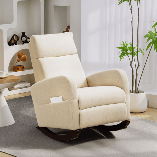 HOMCOM Cadeira de Baloiço de Veludo com Encosto Alto Pés de Madeira de Seringueira Bolsos Apoios de Braços Estilo Moderno Cadeira de Amamentação Capacidade 120 kg 67x94x105 cm Bege