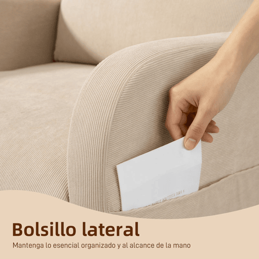 HOMCOM Cadeira de Baloiço de Veludo com Encosto Alto Pés de Madeira de Seringueira Bolsos Apoios de Braços Estilo Moderno Cadeira de Amamentação Capacidade 120 kg 67x94x105 cm Bege