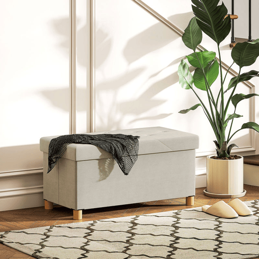 HOMCOM Banco de Armazenamento Dobrável Puff de Armazenamento Capacidade de 67 L Estofado em Veludo Baú de Armazenamento Quarto Carga 120 kg para Sala de Estar Entrada 76x38x38 cm Creme