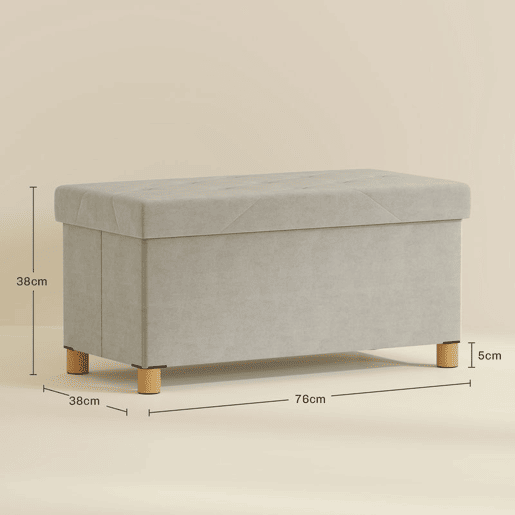 HOMCOM Banco de Armazenamento Dobrável Puff de Armazenamento Capacidade de 67 L Estofado em Veludo Baú de Armazenamento Quarto Carga 120 kg para Sala de Estar Entrada 76x38x38 cm Creme