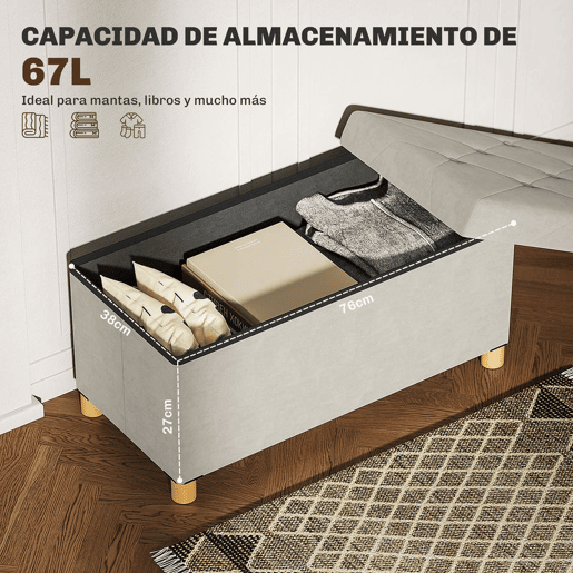 HOMCOM Banco de Armazenamento Dobrável Puff de Armazenamento Capacidade de 67 L Estofado em Veludo Baú de Armazenamento Quarto Carga 120 kg para Sala de Estar Entrada 76x38x38 cm Creme