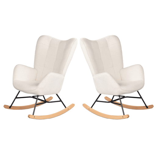 Cadeira De Balanço Ergonómica Estofada Em Tecido Bouclé Branco Com Base De Madeira Curva E Estrutura Metálica Preta, Estilo Moderno Para Sala Ou Quarto, Conjunto Com 2 Peças