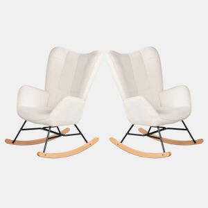 Cadeira De Balanço Ergonómica Estofada Em Tecido Bouclé Branco Com Base De Madeira Curva E Estrutura Metálica Preta, Estilo Moderno Para Sala Ou Quarto, Conjunto Com 2 Peças