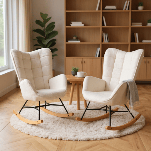 Cadeira De Balanço Ergonómica Estofada Em Tecido Bouclé Branco Com Base De Madeira Curva E Estrutura Metálica Preta, Estilo Moderno Para Sala Ou Quarto, Conjunto Com 2 Peças