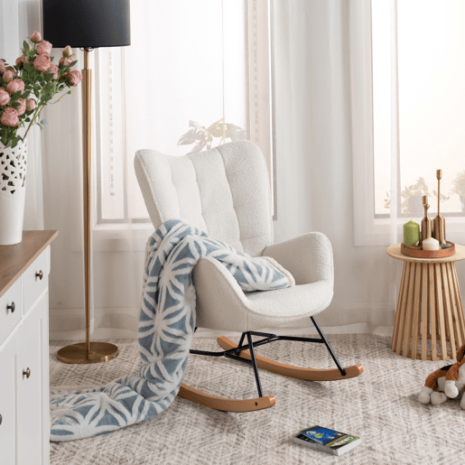 Cadeira De Balanço Ergonómica Estofada Em Tecido Bouclé Branco Com Base De Madeira Curva E Estrutura Metálica Preta, Estilo Moderno Para Sala Ou Quarto, Conjunto Com 2 Peças
