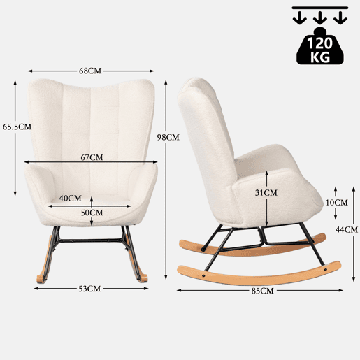 Cadeira De Balanço Ergonómica Estofada Em Tecido Bouclé Branco Com Base De Madeira Curva E Estrutura Metálica Preta, Estilo Moderno Para Sala Ou Quarto, Conjunto Com 2 Peças
