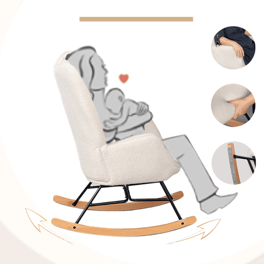 Cadeira De Balanço Ergonómica Estofada Em Tecido Bouclé Branco Com Base De Madeira Curva E Estrutura Metálica Preta, Estilo Moderno Para Sala Ou Quarto, Conjunto Com 2 Peças