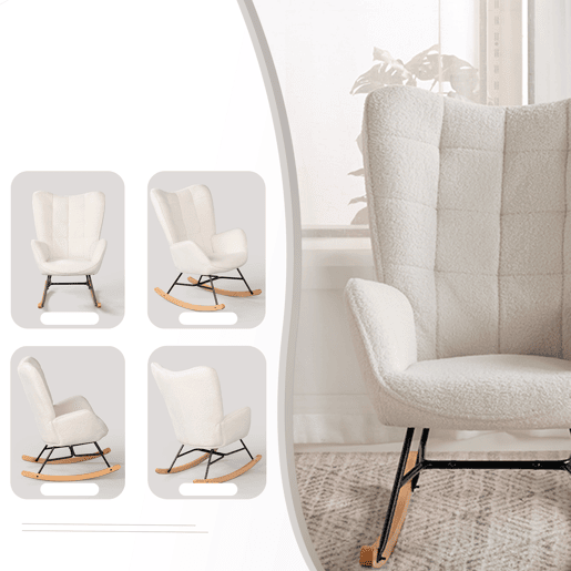 Cadeira De Balanço Ergonómica Estofada Em Tecido Bouclé Branco Com Base De Madeira Curva E Estrutura Metálica Preta, Estilo Moderno Para Sala Ou Quarto, Conjunto Com 2 Peças
