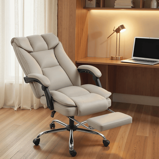 HOMCOM Cadeira de Escritório com Apoio para os Pés Giratória Cadeira para Secretária com Encosto Reclinável Acolchoado Duplo Espesso Revestida em Couro Sintético e Altura Ajustável 66x72x113-121 cm Caqui