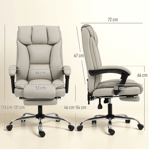 HOMCOM Cadeira de Escritório com Apoio para os Pés Giratória Cadeira para Secretária com Encosto Reclinável Acolchoado Duplo Espesso Revestida em Couro Sintético e Altura Ajustável 66x72x113-121 cm Caqui