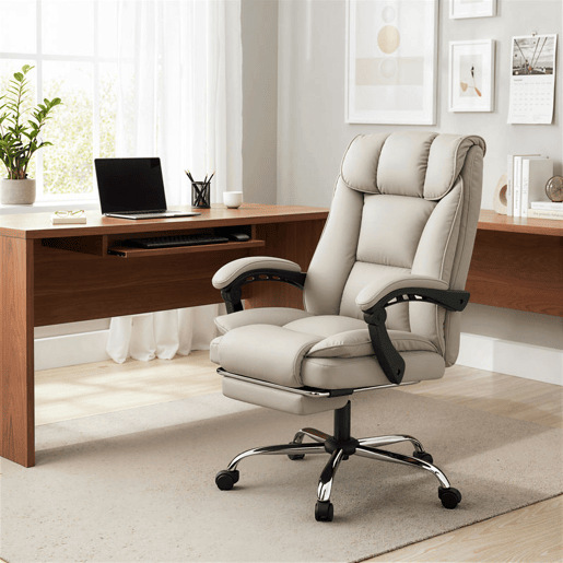HOMCOM Cadeira de Escritório com Apoio para os Pés Giratória Cadeira para Secretária com Encosto Reclinável Acolchoado Duplo Espesso Revestida em Couro Sintético e Altura Ajustável 66x72x113-121 cm Caqui