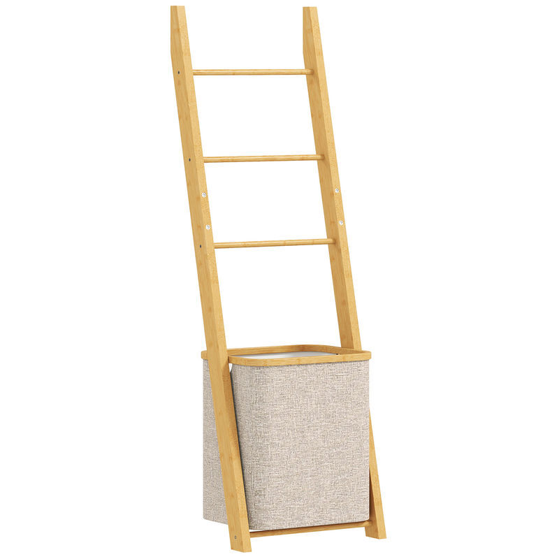 Homcom estantería para baño de bambú, 2 en 1, toallero de pie con 3 barras, cesto para ropa sucia extraíble de 48 l, para dormitorio, lavadero, crema