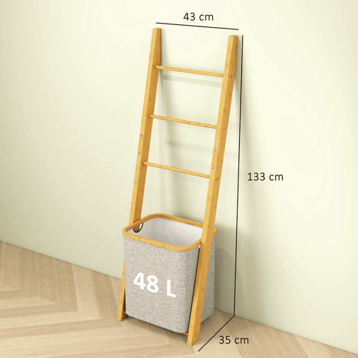 HOMCOM Estante para Casa de Banho de Bambu Toalheiro de Pé com 3 Barras e Cesto para Roupa Suja Removível de 48 L para Quarto Lavandaria 43x35x133 cm Creme e Madeira