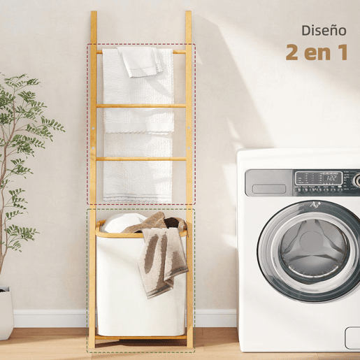 HOMCOM Estante para Casa de Banho de Bambu Toalheiro de Pé com 3 Barras e Cesto para Roupa Suja Removível de 48 L para Quarto Lavandaria 43x35x133 cm Creme e Madeira