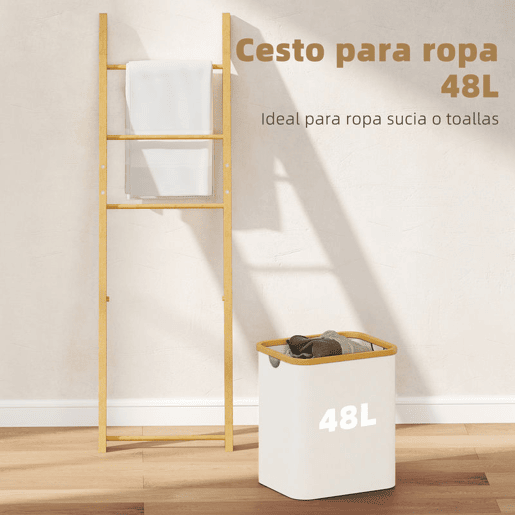 HOMCOM Estante para Casa de Banho de Bambu Toalheiro de Pé com 3 Barras e Cesto para Roupa Suja Removível de 48 L para Quarto Lavandaria 43x35x133 cm Creme e Madeira