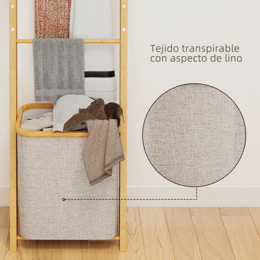 HOMCOM Estante para Casa de Banho de Bambu Toalheiro de Pé com 3 Barras e Cesto para Roupa Suja Removível de 48 L para Quarto Lavandaria 43x35x133 cm Creme e Madeira