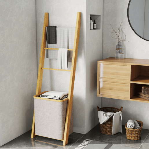 HOMCOM Estante para Casa de Banho de Bambu Toalheiro de Pé com 3 Barras e Cesto para Roupa Suja Removível de 48 L para Quarto Lavandaria 43x35x133 cm Creme e Madeira