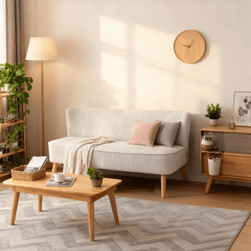Sofá 2 Lugares Sem Braços Estofado Em Tecido De Canelado Bege Com Espuma E Molas Ensacadas, Pés De Madeira Natural, Design Moderno E Confortável Ideal Para Sala Ou Quarto