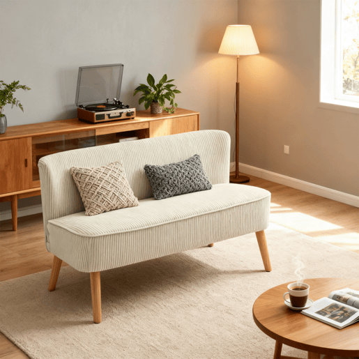 Sofá 2 Lugares Sem Braços Estofado Em Tecido De Canelado Bege Com Espuma E Molas Ensacadas, Pés De Madeira Natural, Design Moderno E Confortável Ideal Para Sala Ou Quarto