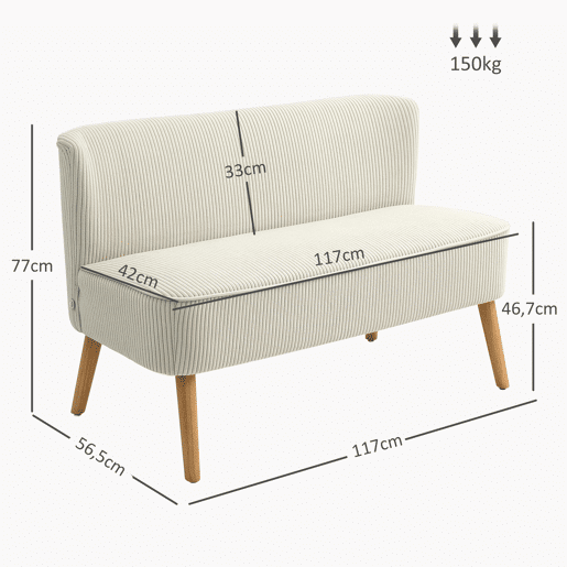 Sofá 2 Lugares Sem Braços Estofado Em Tecido De Canelado Bege Com Espuma E Molas Ensacadas, Pés De Madeira Natural, Design Moderno E Confortável Ideal Para Sala Ou Quarto