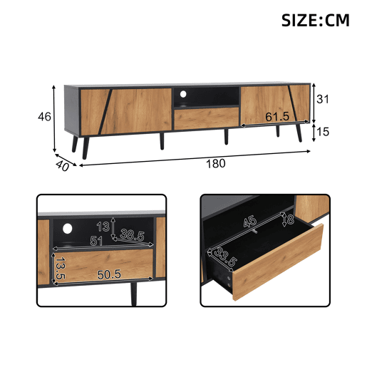 Móvel de TV 180 cm,mueble de salón de painel de partículas com 2 portas e 1 gaveta,noir+natural