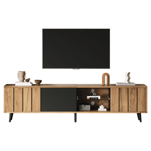 Móvel de TV 175 cm,mueble de salón de painel de partículas com 3 portas,natural+preto Móvel de TV 175 cm,mueble de salón de painel de partículas com 3 portas,natural+preto